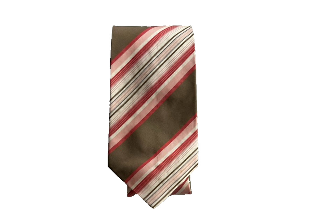 Hugo Boss Mens Tie 100% Silk Designer Rep Striped Brown/Pink/White Made In Italy